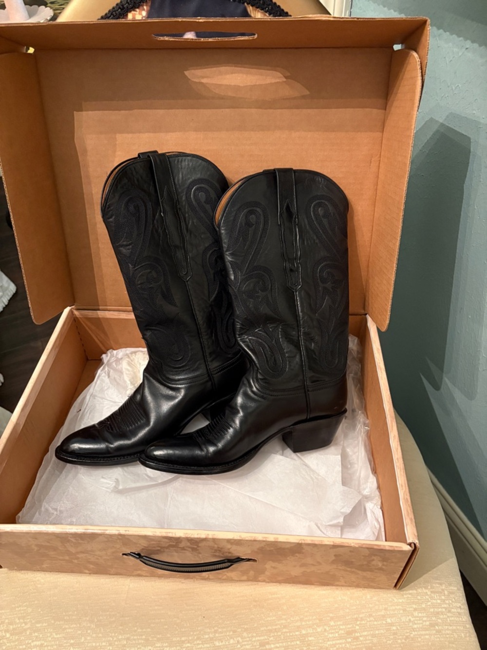 Lucchese Black Leather Western Cowboy Boots